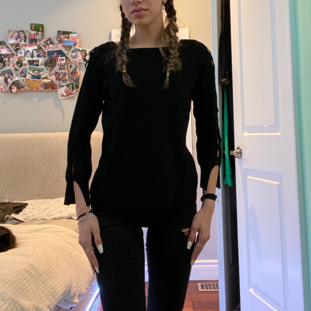Black Lace Up Long Sleeve Sweater